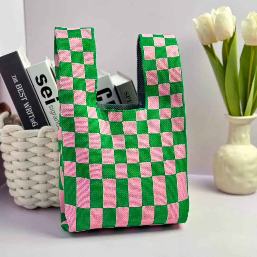 NWT Vibrant Checkerboard Compact Stylish Essentials Handheld Tote Bag/Gr…